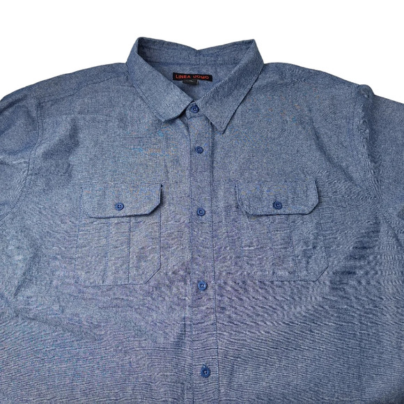 Linea Uomo Men 3X Cotton Blue Chambray Short Sleeve Button Down Shirt Pockets - Picture 3 of 10